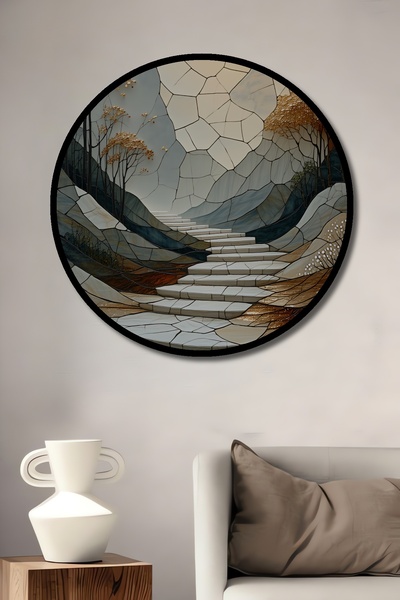 Teona Ahşap Çerçeve Görünümlü Mozaik Desenli Merdivenler Yağlı Boya Görünümlü Ahşap Ofis Yuvarlak Tablo