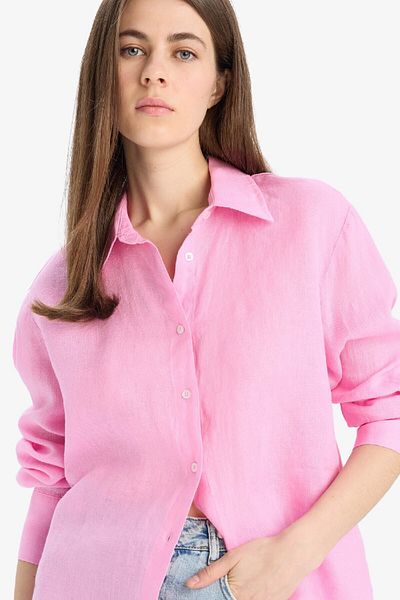 DeFacto 100% λινό Oversize Wide Fit Basic μονόχρωμο ροζ μακρυμάνικο πουκάμισο Z6638az25sp