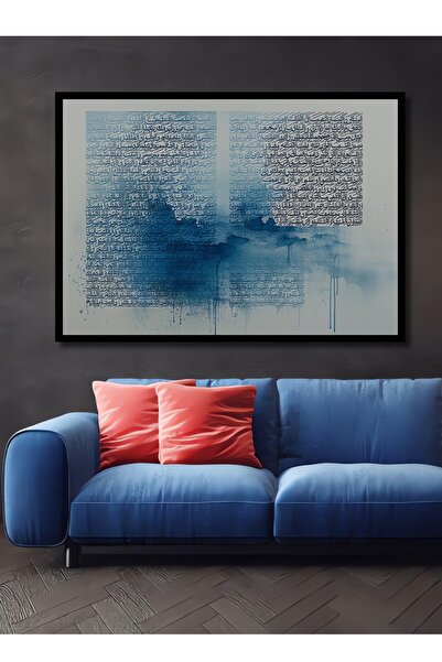 Teona Ahşap Çerçeve Görünümlü Mavi Hat Sanatı Sulu Boya Görünümlü Dekoratif A...