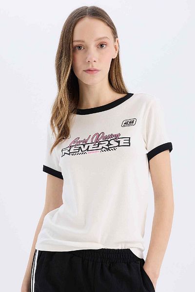 DeFacto Tricou cu nervuri imprimat cu gât turnat - mânecă scurtă, croială obișnuită E4378AX25SM