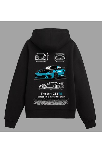 Edizen Porsche 911 Gt3 Rs Blue Premium Hoodie Unisex Oversize 100% Cotton Black Hooded Sweatshirt