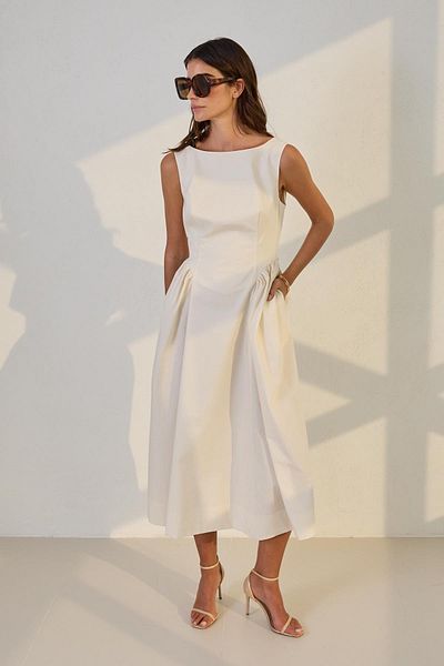 Setre Cream Sleeveless Waist Seat Wide Cut Midi Length Dress