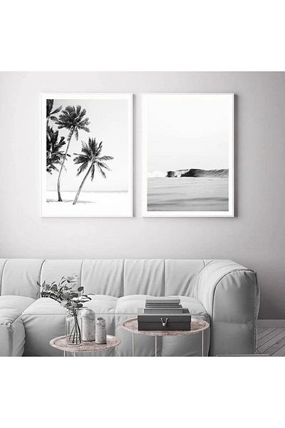 Linacci Σετ 2 Λευκό Μεταλλικό Πλαίσιο Soft Palm Sea Glass Τραπέζι