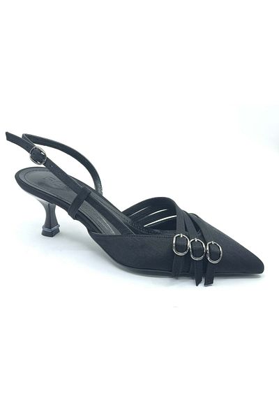KOCAMANLAR Pantofi cu toc scurt pentru femei Feles, cu trei catarame, cu detaliu cu toc stiletto, NEGRU