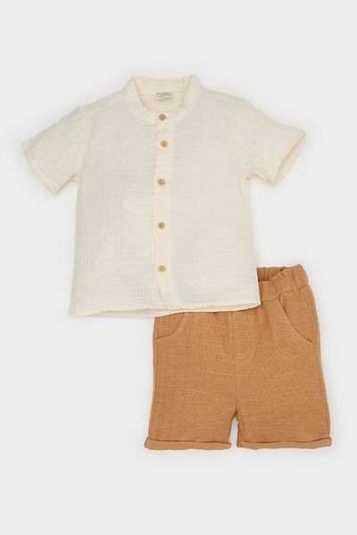 DeFacto 2-teiliges Musselin-Set für Babys – kurzärmliges Hemd und elastische Taillen-Shorts B8080a525sm