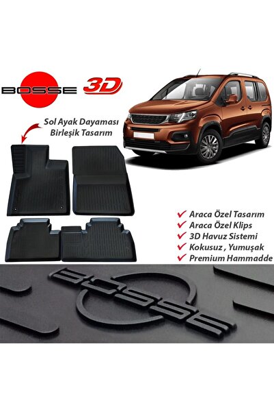 BOSSE Peugeot Rifter Paspas Araca Özel 2019 2024 Paspas 3D Havuzlu