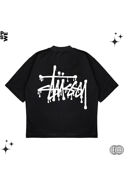 TRAGEDY Unisex Oversize Stussy Melted Printed Boxy Fit Μπλουζάκι από χοντρό ύφασμα