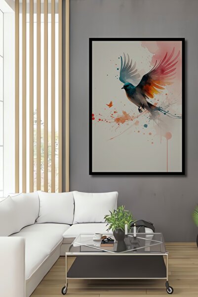 Teona Ahşap Çerçeve Görünümlü Uçan Kuş Sulu Boya Görünümlü Modern Sanat Dekor...