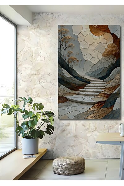 Teona Ahşap Mozaik Desenli Merdivenler Yağlı Boya Görünümlü Dekoratif Ahşap Ev/İşyeri/Ofis Kare Tablo