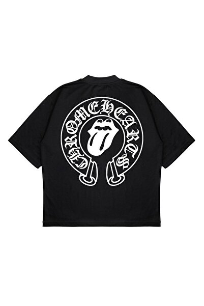 TRAGEDY Tricou unisex supradimensionat cu imprimeu Chrome Hearts și Rolling Stone, croială drăguță, din material gros