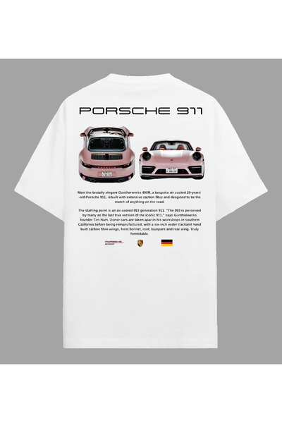 Edizen تي شيرت PinkPremium Porsche 911 للجنسين مقاس كبير 100% أبيض موهير