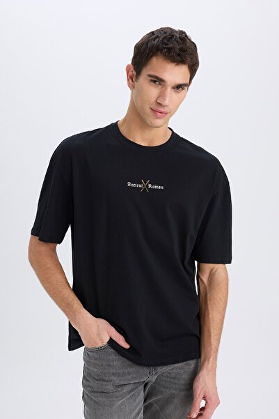 DeFacto 100% pamut Oversize Wide Fit Crew nyakú hátul nyomott rövid ujjú póló Z6083az25sm