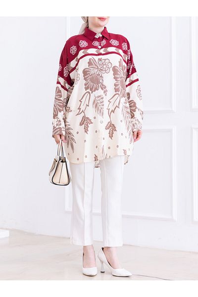 bergibo Oversize Viscos Tunic Shirt - Oval Cut Patterned Flowery Shirt