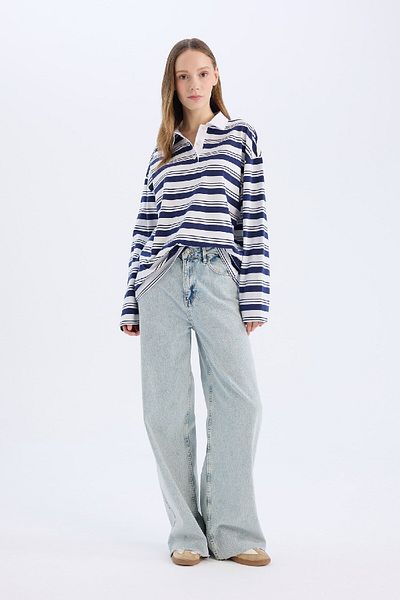 DeFacto Μακρυμάνικο μπλουζάκι Coool Loose Fit Polo γιακά με ριγέ E4920ax