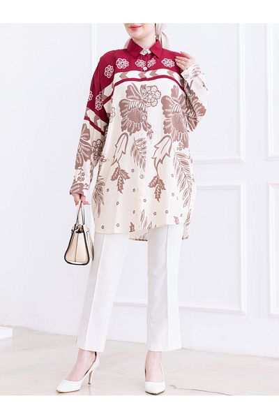 bergibo Oversize Viscos Tunic Shirt - Oval Cut Patterned Flowery Shirt