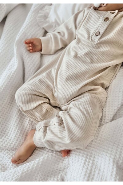 Cigit Cuffed Ribbed Jumpsuit 0-3 Years Light Beige