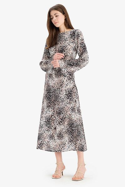 DeFacto Marokkanisches Langarm-Midikleid mit A-Linie und U-Boot-Ausschnitt und Leopardenmuster E5793ax25sp