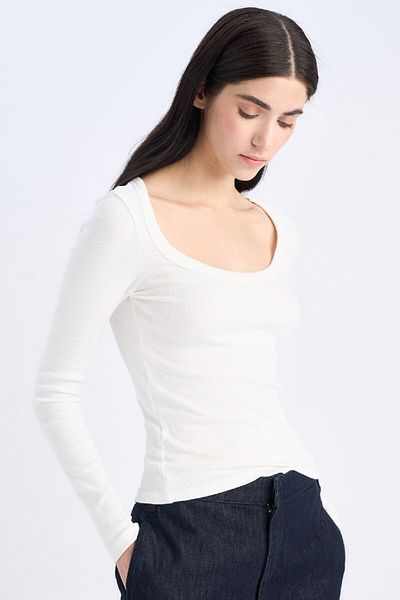 DeFacto Slim Fit Slim Fit Basic Απλό Κορδόνι Καμιζόλα Μακρυμάνικο Λευκό T-Shirt E5768ax25sp