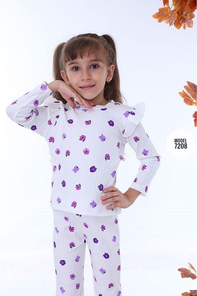 yagmurgiyim Pjk2İ Violet Patterned Girl's Set - Ecru Corded 2 Strings 100% Cotton 3-10 Years 7208-E