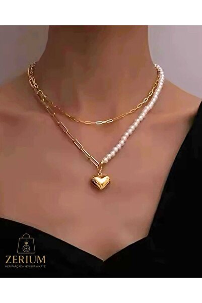 ZERİUM İncili Tasarımlı Kalp Motifli Kadın Çelik Kolye 316l