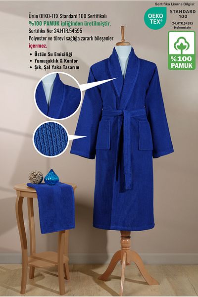 Ellaline Striped Bathrobe Set 100% Cotton Certified 2 Pieces, Shalyaka Bathrobe and Head Towel Set Navy Blue