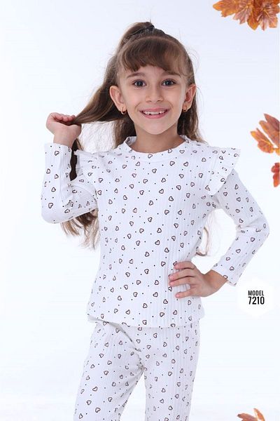 yagmurgiyim Pjk2I - Girls' Ribbed Set, Pink Heart Pattern, 100% Cotton, 3-10 Years 7210-E