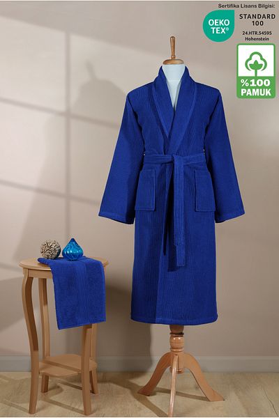 Ellaline Striped Bathrobe Set 100% Cotton Certified 2 Pieces, Shalyaka Bathrobe and Head Towel Set Navy Blue