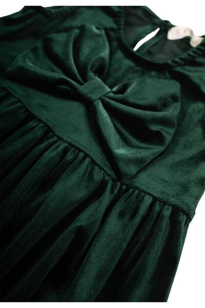 Cigit Velvet Dress with Bow on the Front 2-7 Years Green