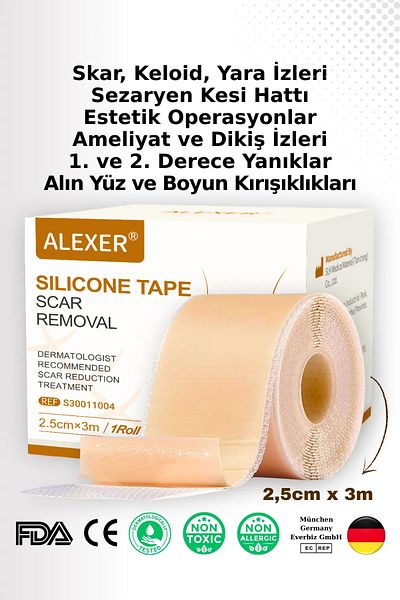 Alexer الندبات - شريط سيليكون ناعم، خياطة قيصرية، مزيل الندبات الجراحية بطول 2.5 سم × 3 متر