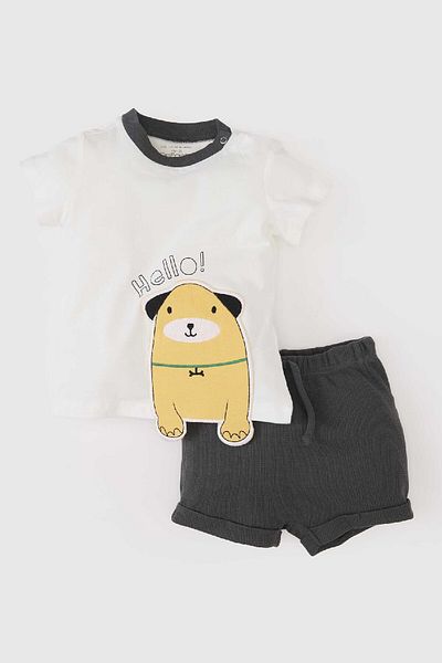 DeFacto 2er-Set T-Shirt und Shorts für Babys mit Hundemotiv, kurze Ärmel, Waffelmuster, elastisch