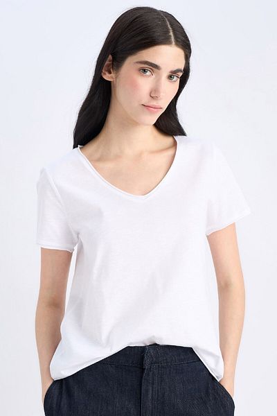 DeFacto Regular Fit V-Neck Basic Απλό κοντομάνικο λευκό μπλουζάκι K1507az25sm