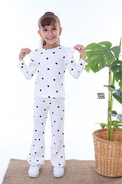 yagmurgiyim Pjk2I - Heart Patterned Ribbed Girl's Set, 3-10 Years Old, 100% Cotton, Ecru 7205-E