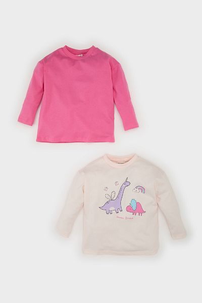 DeFacto Baby Girl Newborn Crew Neck Dinosaur Printed Combed Cotton 2-Piece Long Sleeve T-Shirt E6362A525Sp