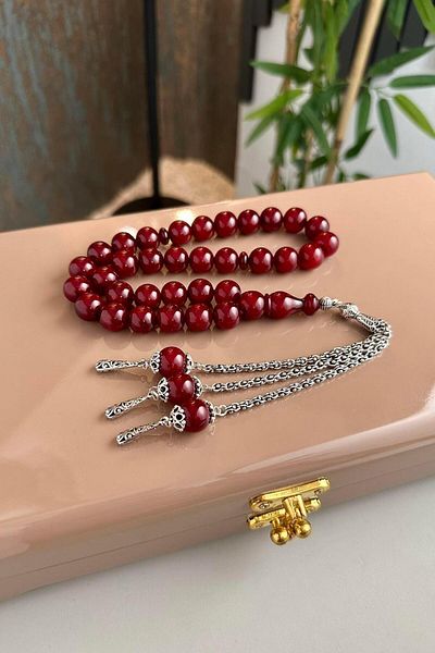 dergah tesbih Şahin Ağa Series New Ottoman Cherry Squeeze Amber Silver Design