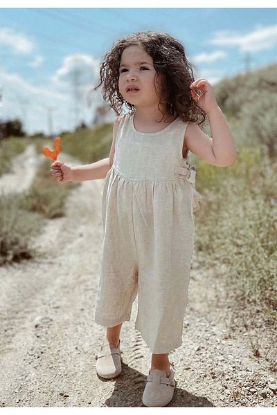 Cigit Sleeveless Lace-up Linen Jumpsuit 2-6 Years Natural