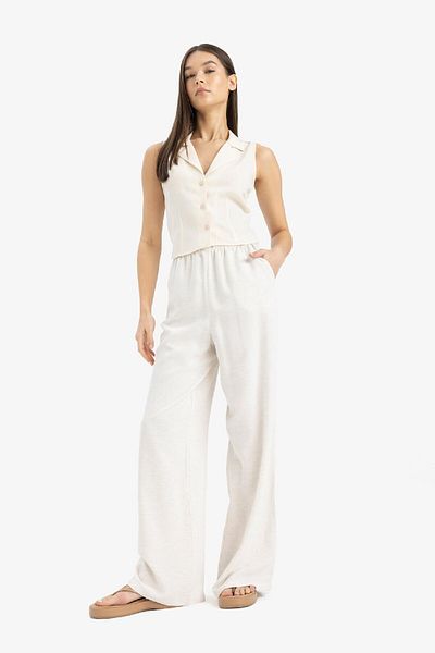 DeFacto Linen Blend Wide Leg Pants - Loose Wide Leg Three Pockets Regular Waist C4545Ax