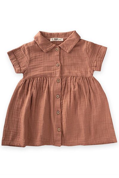 Cigit Baby Collared Robe Gathered Muslin Dress 1-7 Years Coffee