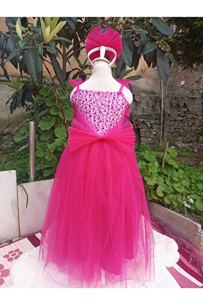 Niliya çocuk giyim Fuşya güllü model taçlı özel elbise