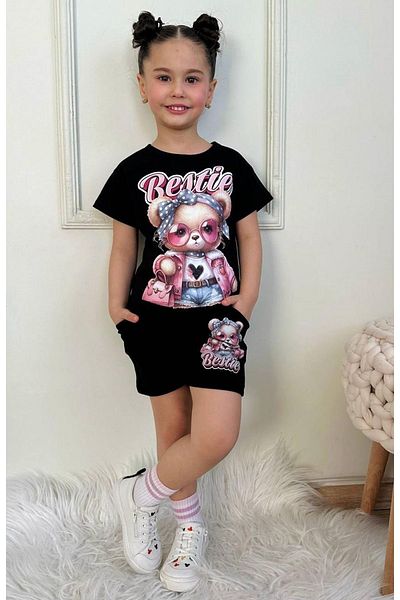Yağmur Giyim Pjkskt Girls' Fancy Teddy Bear Print Short Sleeve Suit with Black Shorts 7573-S