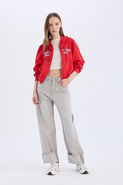 DeFacto Cool Oversize Wide Fit Hooded Printed Thick Zippered Sweat Cardigan E5463Ax25Sm