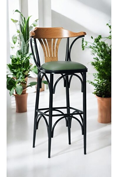 DENGEMA Bar Sandalyesi Yeşil-kahve-t169/75 - Oturma Yüksekliği 75cm - Metal Iskelet - Ahşap Sırt Ve Kolçak