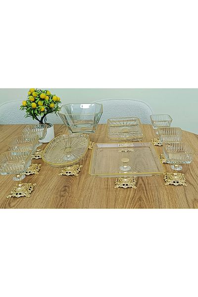 Elta Collection 10 Pieces Gold Metal Footed Cake - Salad - Dessert - Bowl and Service Presentation Set