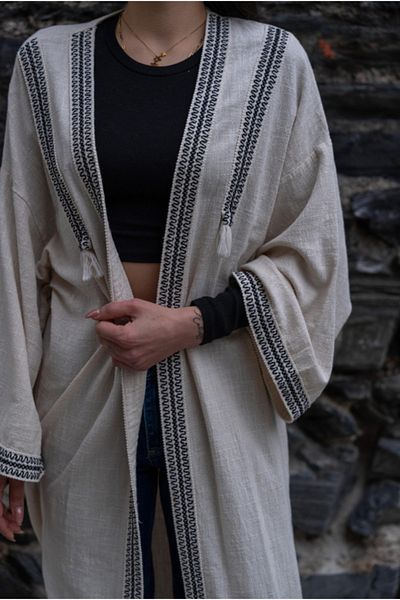 Lavanta Tekstil Women's Stripe Embroidery Embroidered Long Linen Kimono