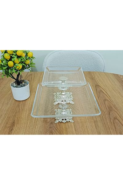 Elta Collection Pasabahce Silver 2 Li Square Cast Footed Cake Presentation Holder Cookie Holder
