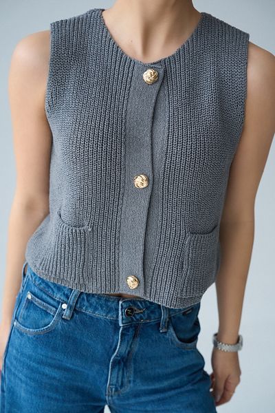 LOOSH Women's Gray Crew Neck Gold Button Knitted Vest