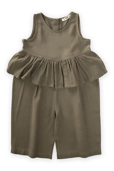 Cigit 2-7 Years Khaki Green Linen Jumpsuit - Flounced Waist