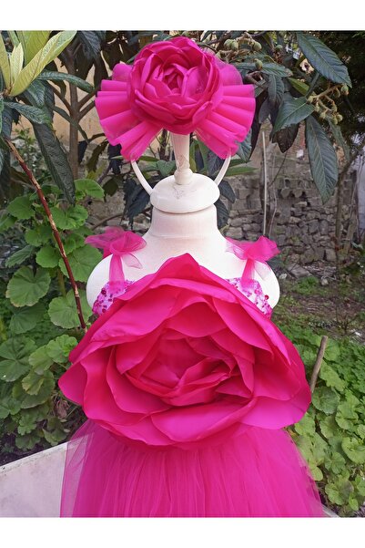 Niliya çocuk giyim Fuşya güllü model taçlı özel elbise