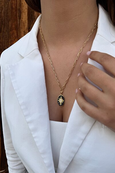 Utku Kuyumculuk 14 AYAR SİYAH MİNELİ KUTUPYILDIZI ATAÇ ZİNCİRLİ ALTIN KOLYE