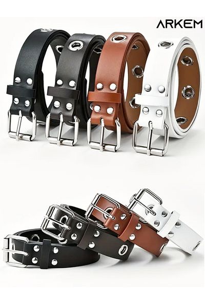 ARKEM CLUB Women's Belt with Eyelet Holes with Accessories, Unisex Belt, 2.5 Cm, Metallic Holes Punk Belt
