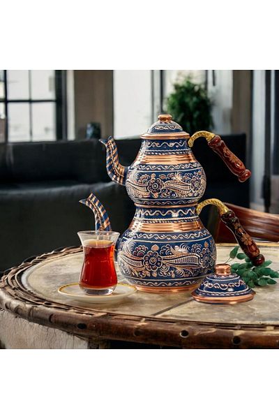 Bakır Center Copper Teapot Copper Blue Teapot Copper Teapot Blue Copper Teapot Embroidered Teapot